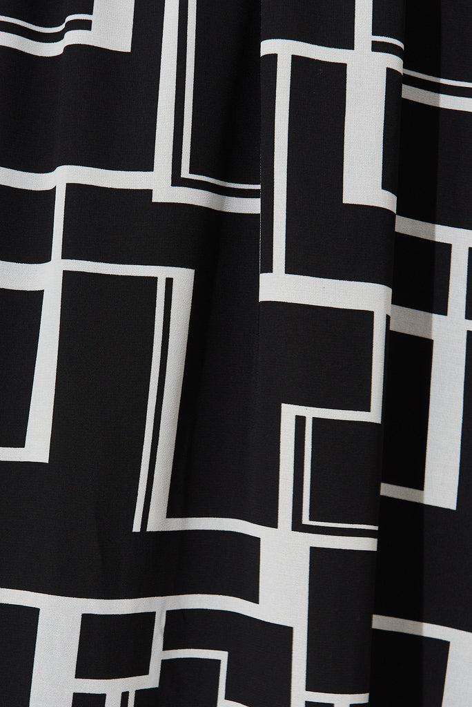 Lustre Midi Dress In Black With White Geo Print Chiffon - fabric