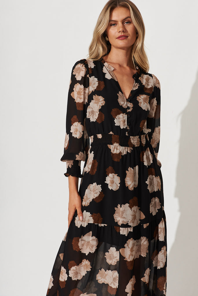 Hamilton Maxi Dress In Black With Brown Floral Chiffon - front
