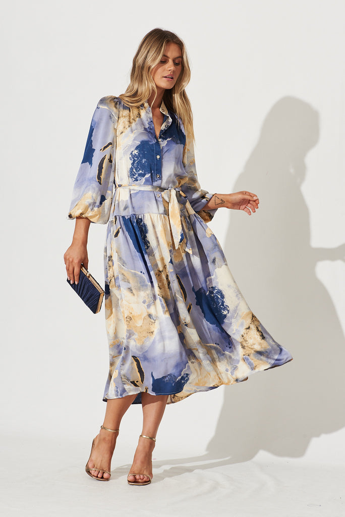 Pippa Maxi Dress In Blues With Beige Print Satin - full length
