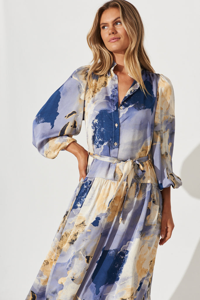 Pippa Maxi Dress In Blues With Beige Print Satin - front