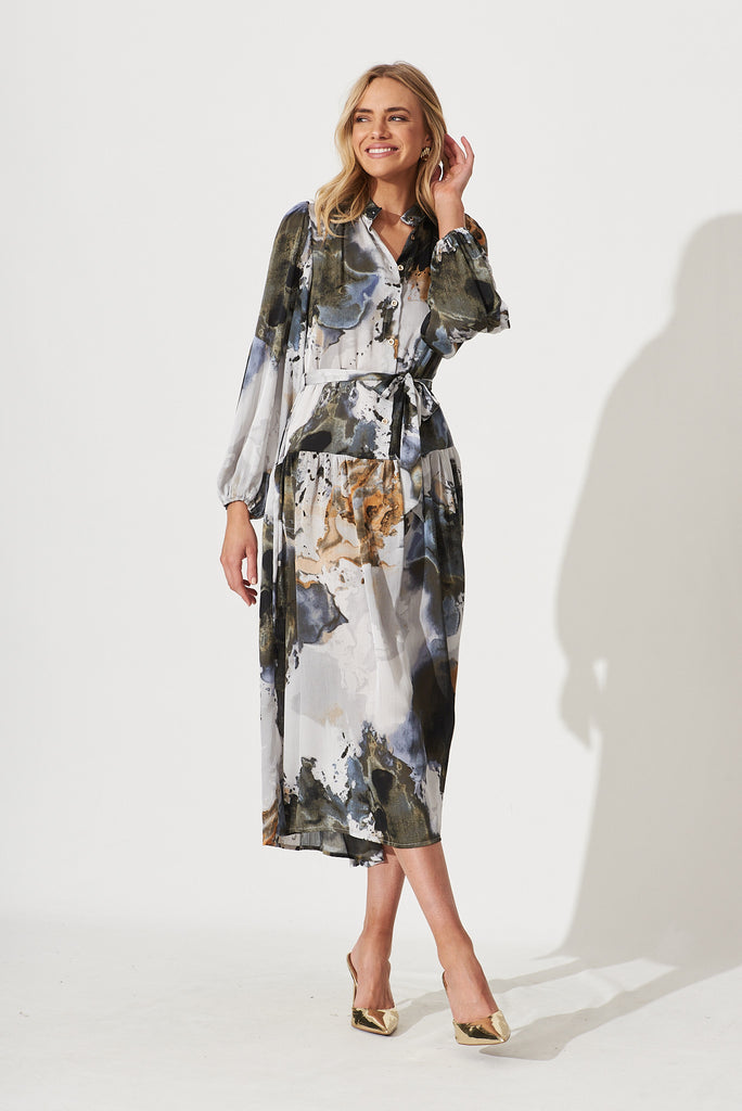 Pippa Maxi Dress In Charcoal With Gold Print Chiffon - full length