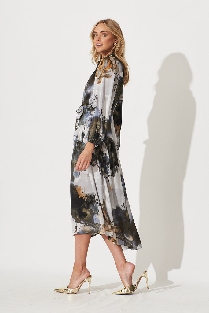 Pippa Maxi Dress In Charcoal With Gold Print Chiffon - side