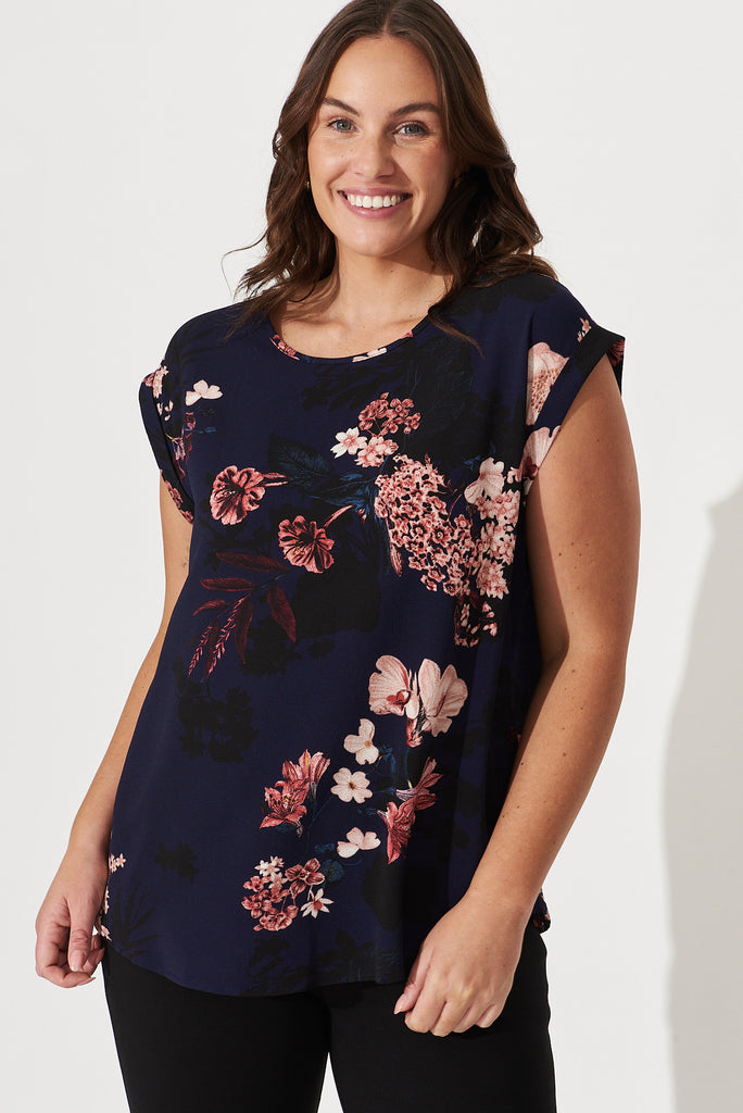 Rejina Top In Navy With Pink And Blush Floral - front