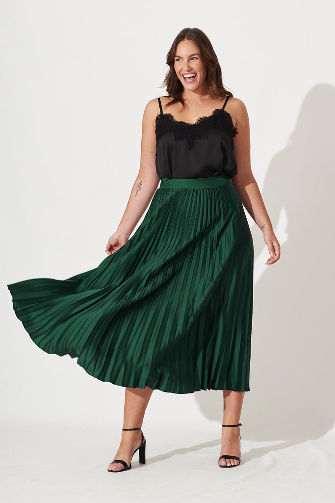 Allison Midi Pleat Skirt In Emerald Satin - full length