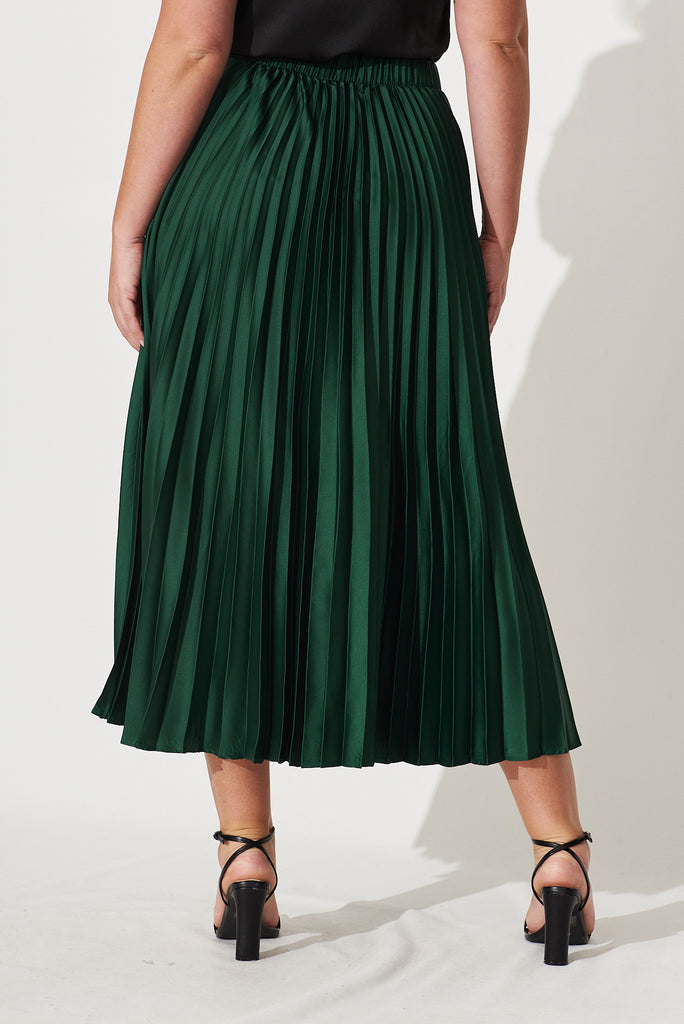 Allison Midi Pleat Skirt In Emerald Satin - back