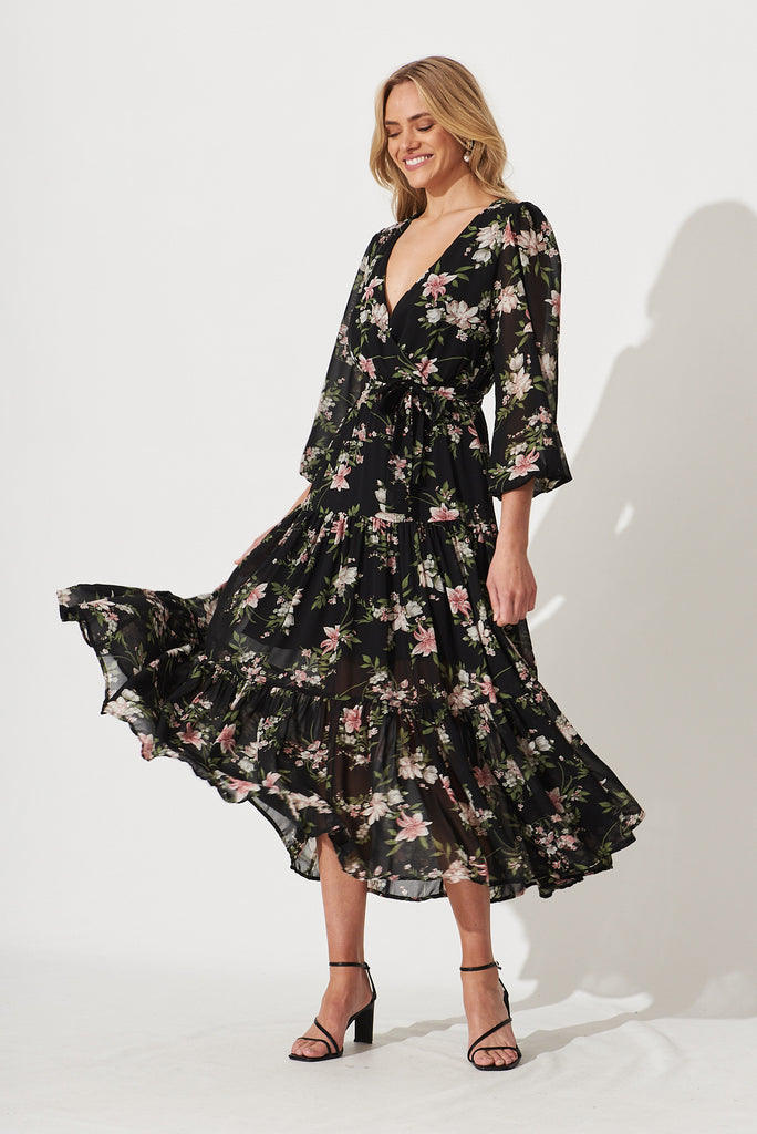 Alexis Maxi Dress In Black With Pink Floral Chiffon - full length