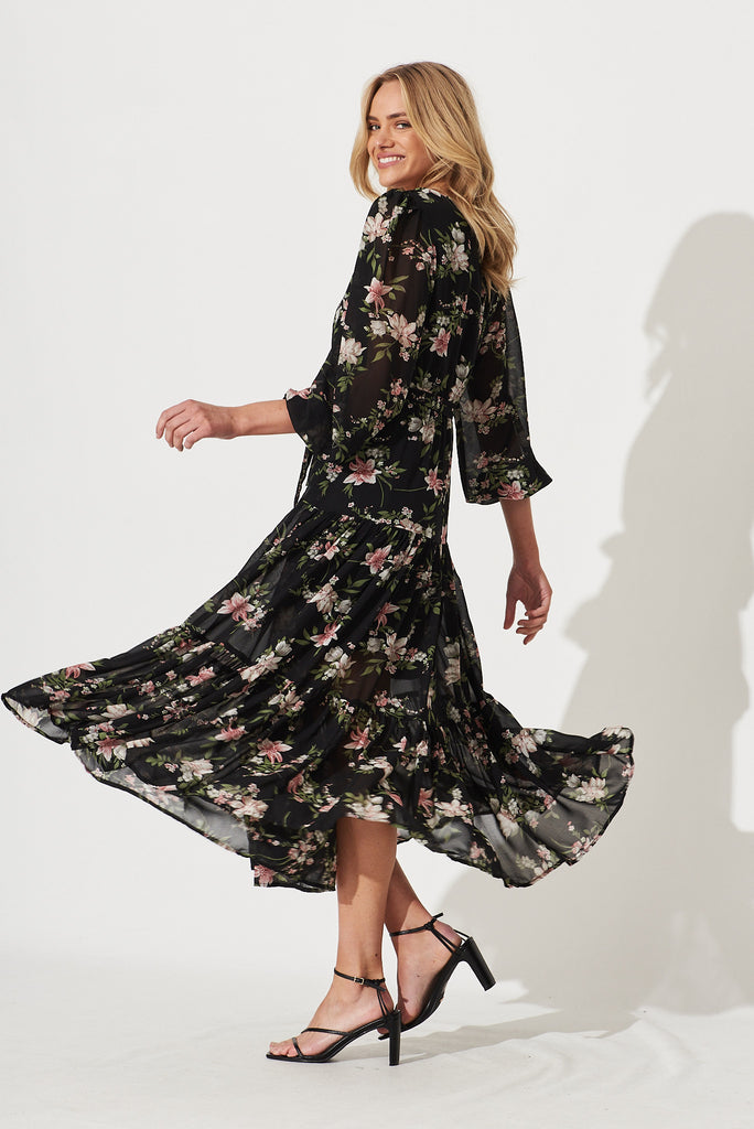 Alexis Maxi Dress In Black With Pink Floral Chiffon - side