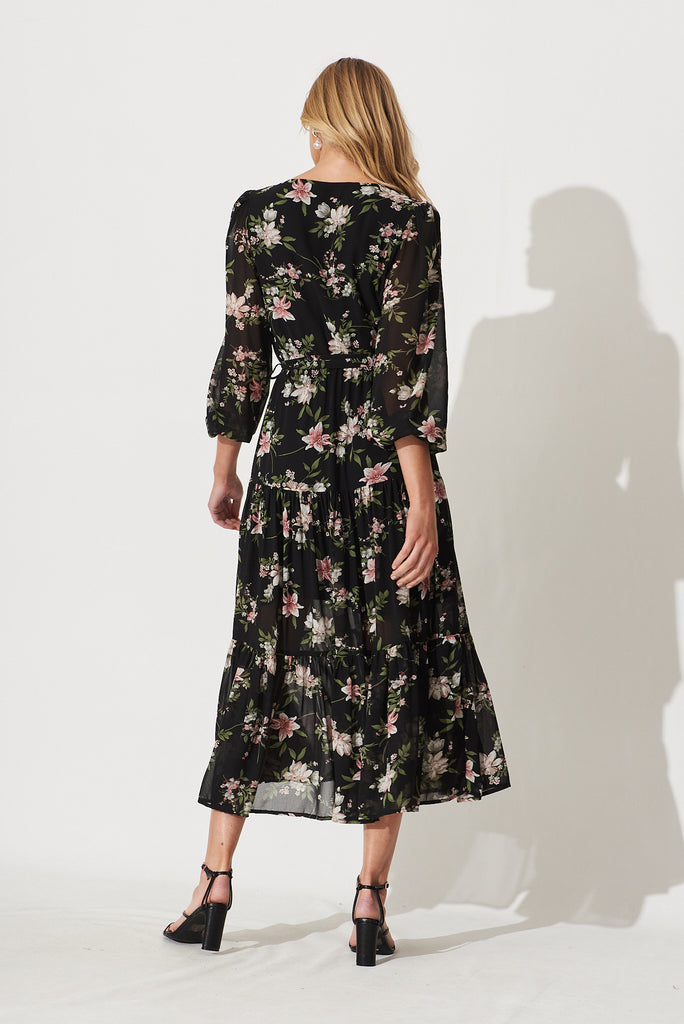 Alexis Maxi Dress In Black With Pink Floral Chiffon - back