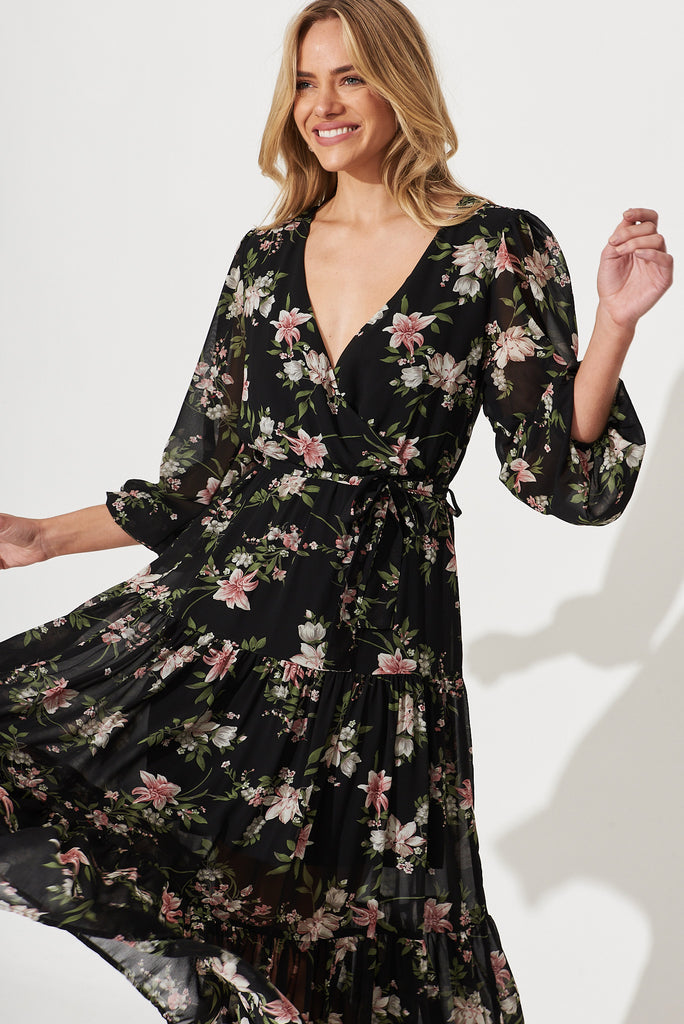 Alexis Maxi Dress In Black With Pink Floral Chiffon - front