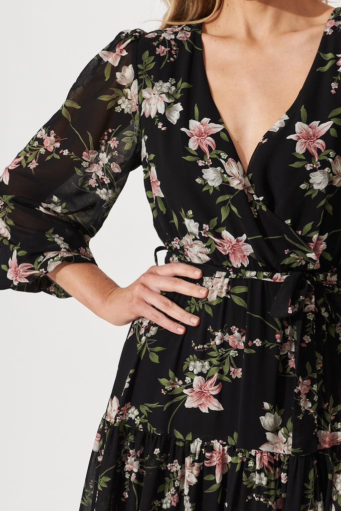 Alexis Maxi Dress In Black With Pink Floral Chiffon - detail