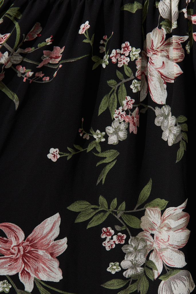 Alexis Maxi Dress In Black With Pink Floral Chiffon - fabric