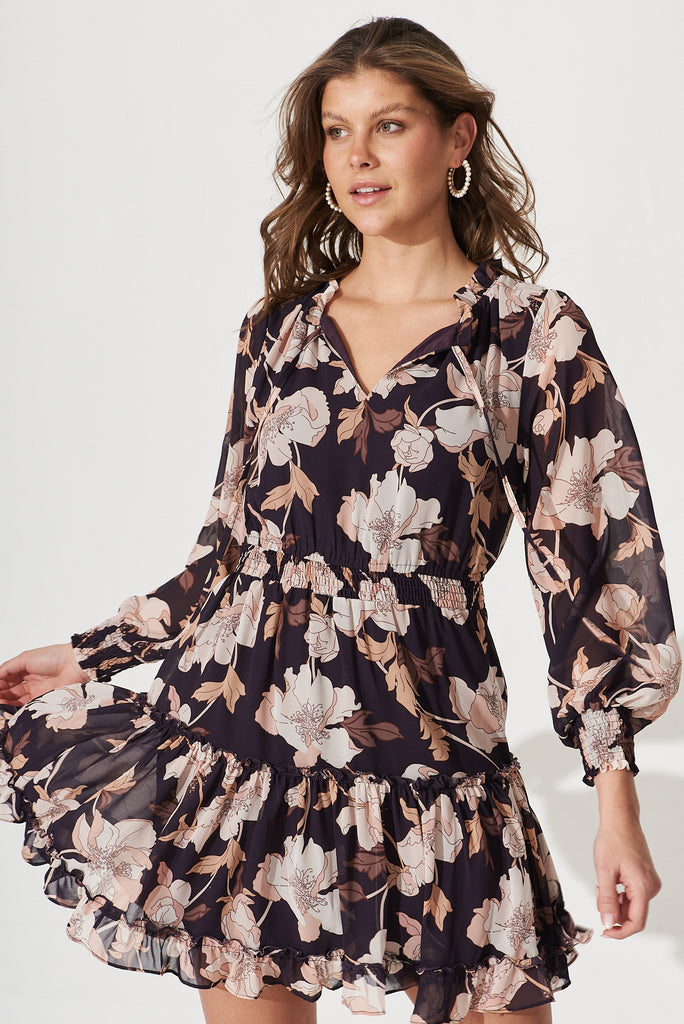 Vittie Dress In Mauve With Blush Floral Chiffon - front