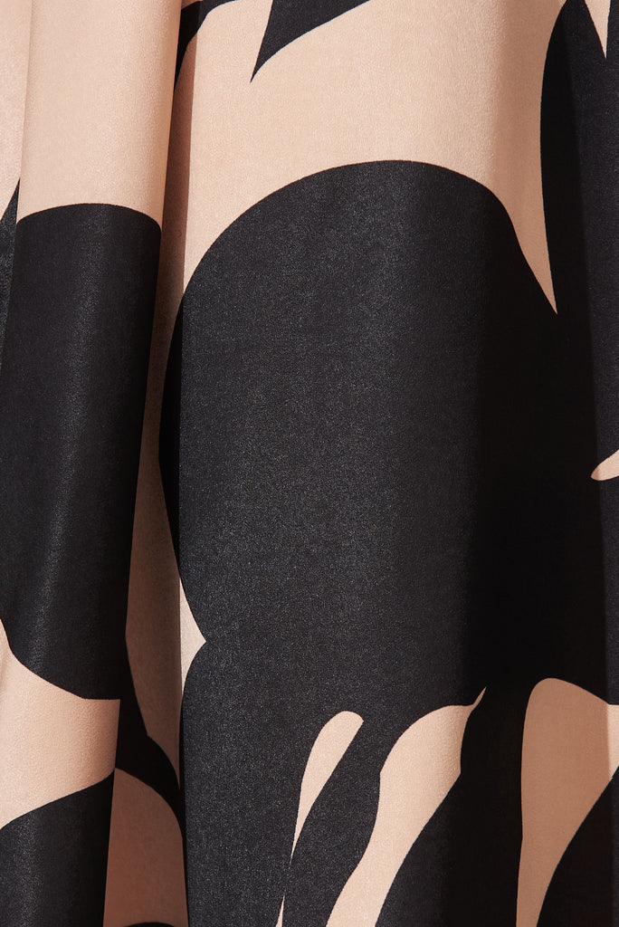 Kristella Shirt Dress In Brown With Black Print Satin - fabric