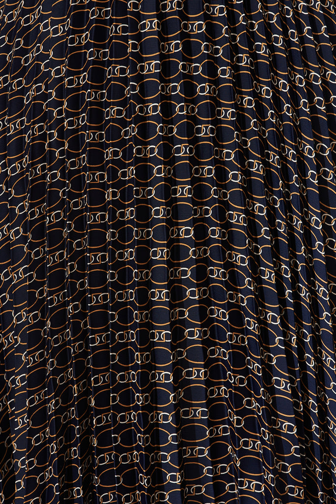 Cyrus Midi Dress In Navy Chain Print Satin - fabric