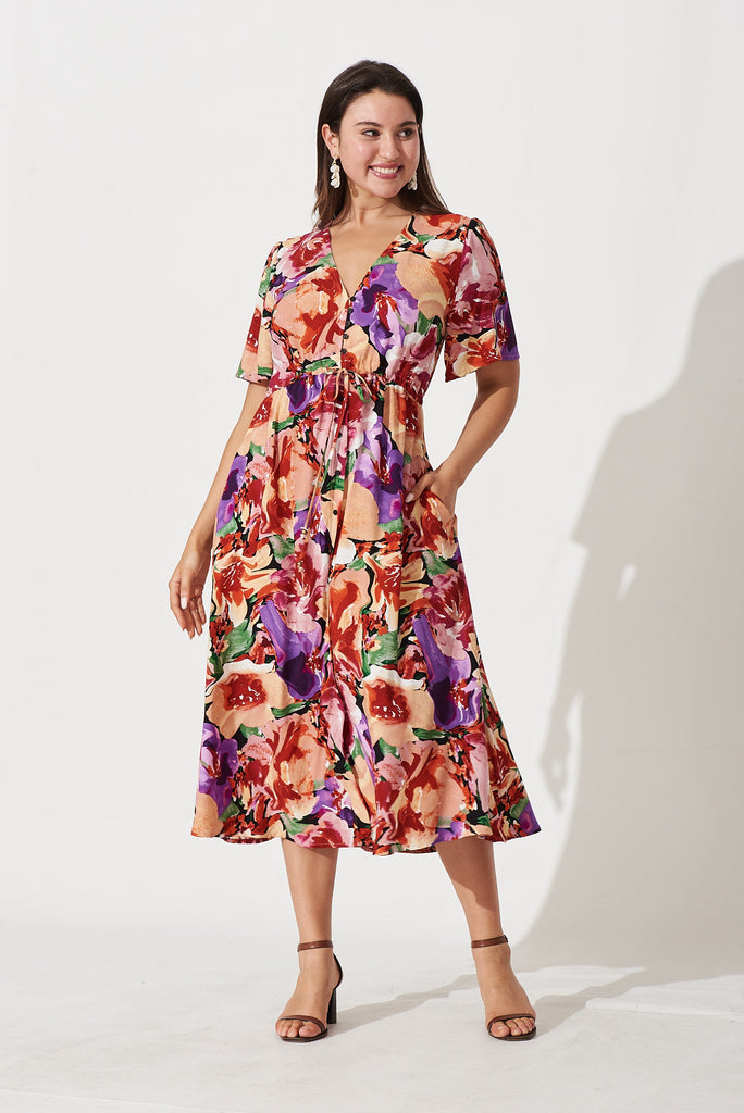 Melody Midi Dress In Pink With Purple Multi Floral - full length