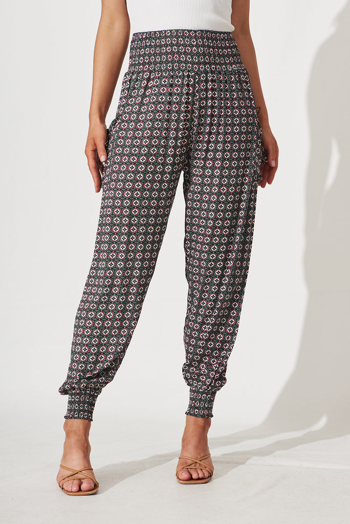Gabby Lounge Pants In Teal Tile Print - front