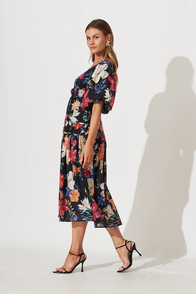 Amalie Midi Dress In Black With Bright Multi Tropical Floral - side