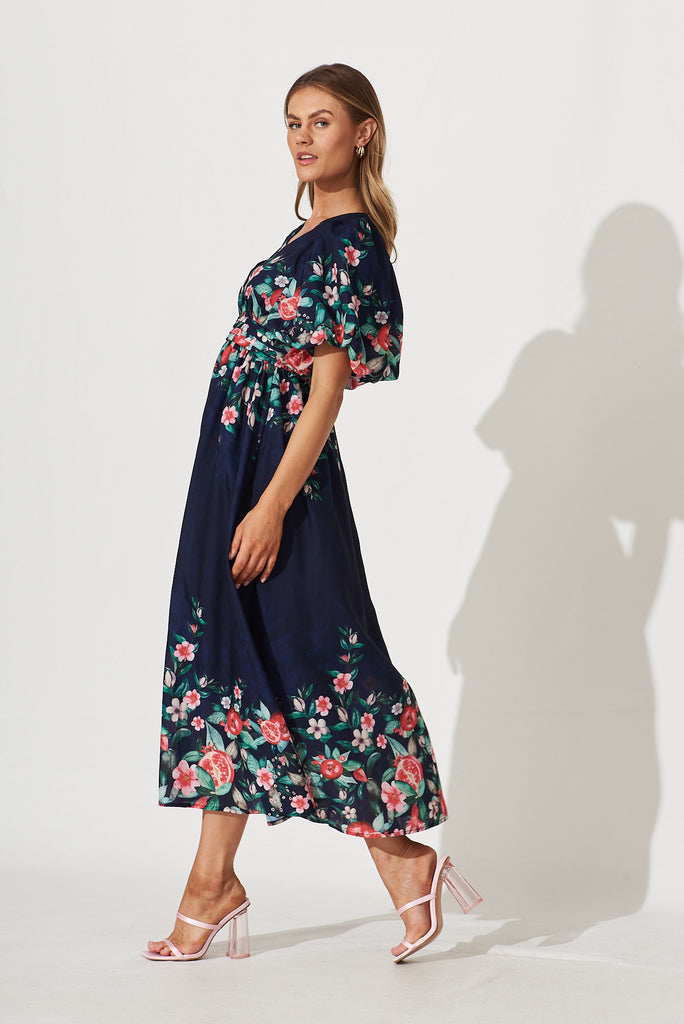 Divine Maxi Dress In Navy With Red Green Floral Print - side