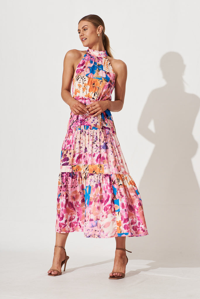 Khalo Dress In Pink Multi Patchwork Print - full length