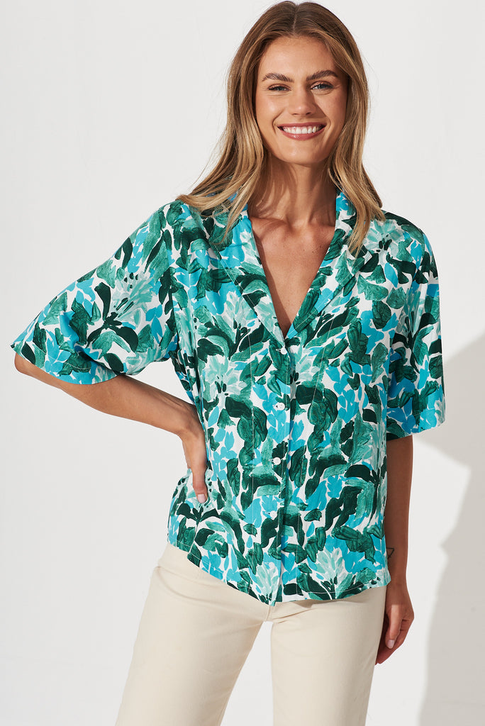 Florentio Shirt In Green With Blue Leaf Print - front