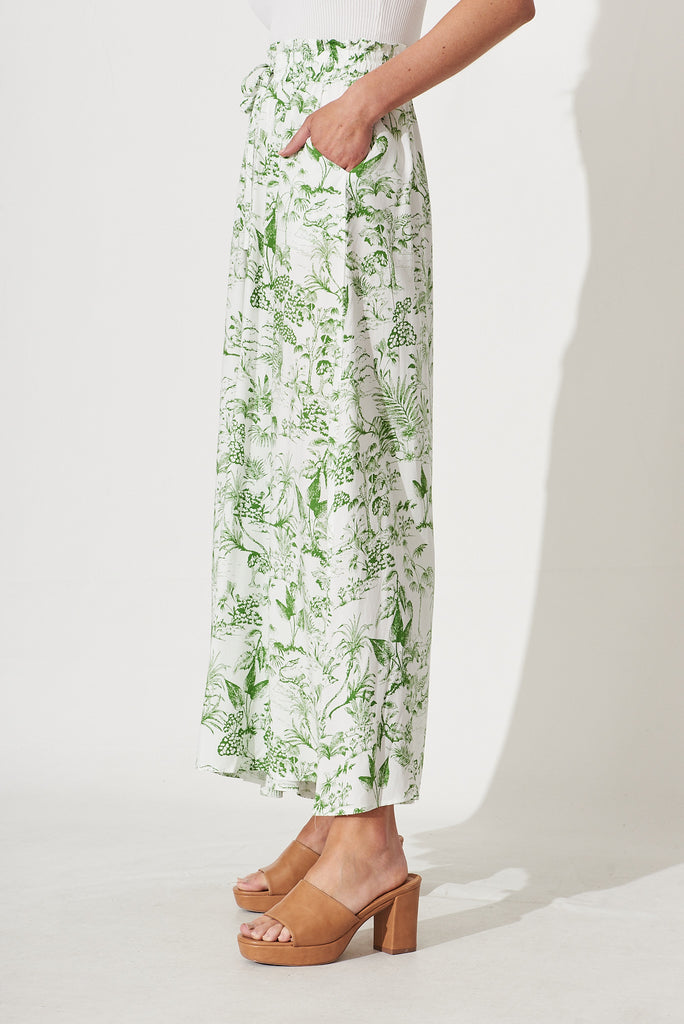 Mariah Pant In White With Green Palm Print - side