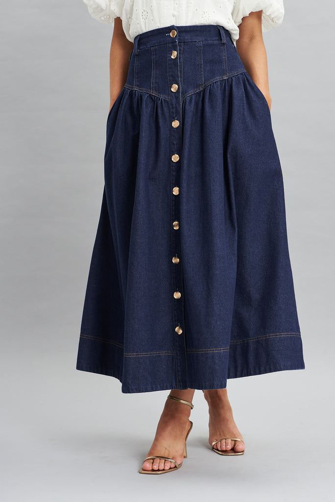 Judith Maxi Denim Skirt In Dark Blue - front