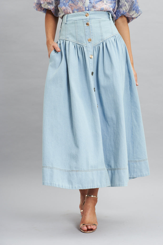Judith Maxi Denim Skirt In Light Blue - front