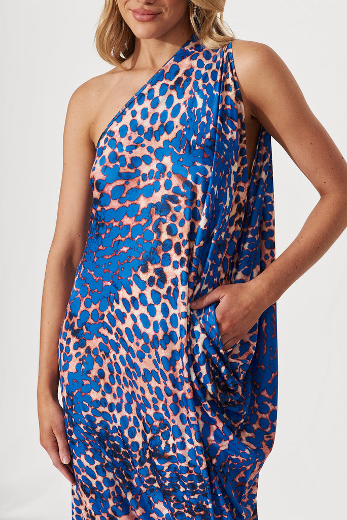 Goddess One Shoulder Maxi Dress In Blue With Rust Multi Print - detail