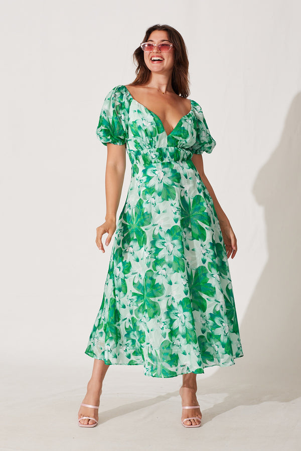 pretty little thing emerald green floral dress Women's Green Floral Devore Long Sleeve Maxi Dress