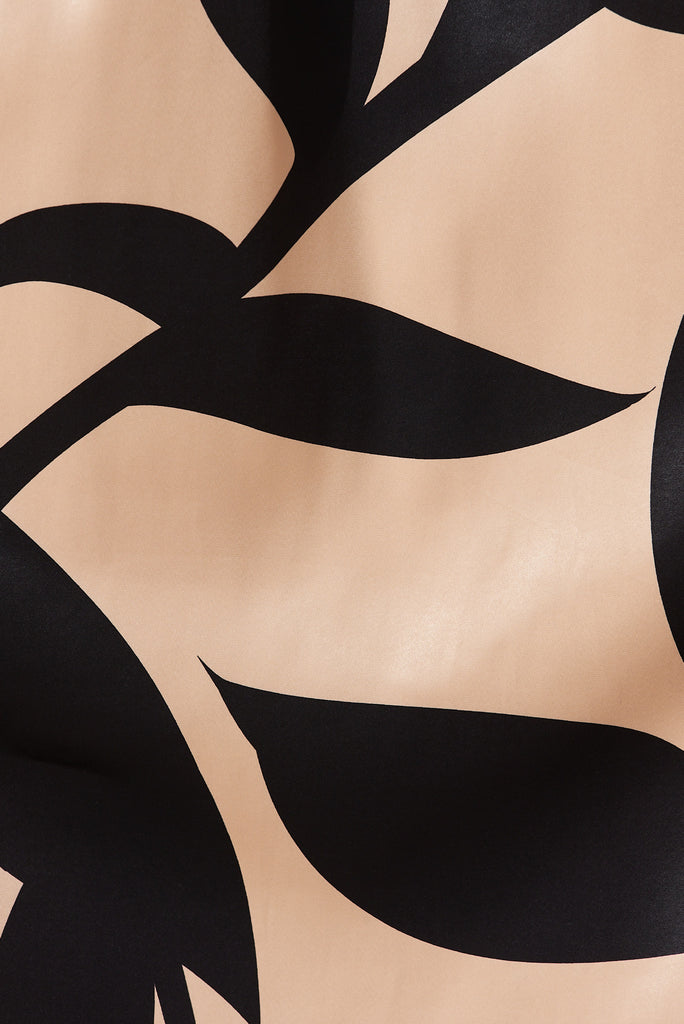 Bernadette One Shoulder Midi Dress In Brown With Black Print Satin - fabric