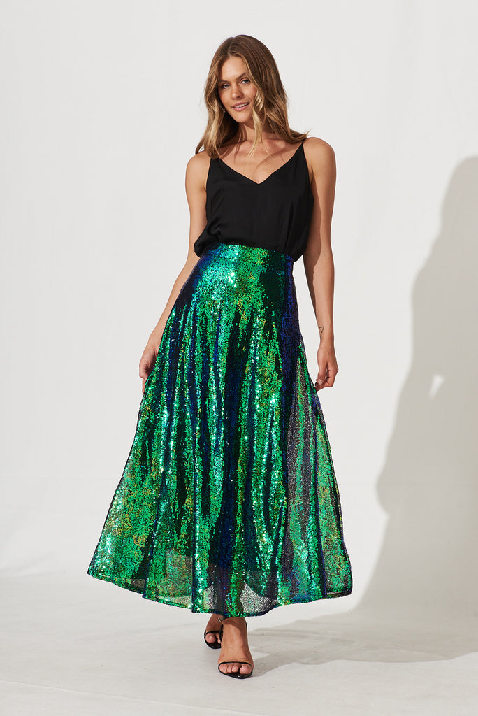 Exquisite Maxi Skirt In Green Sequin - full length
