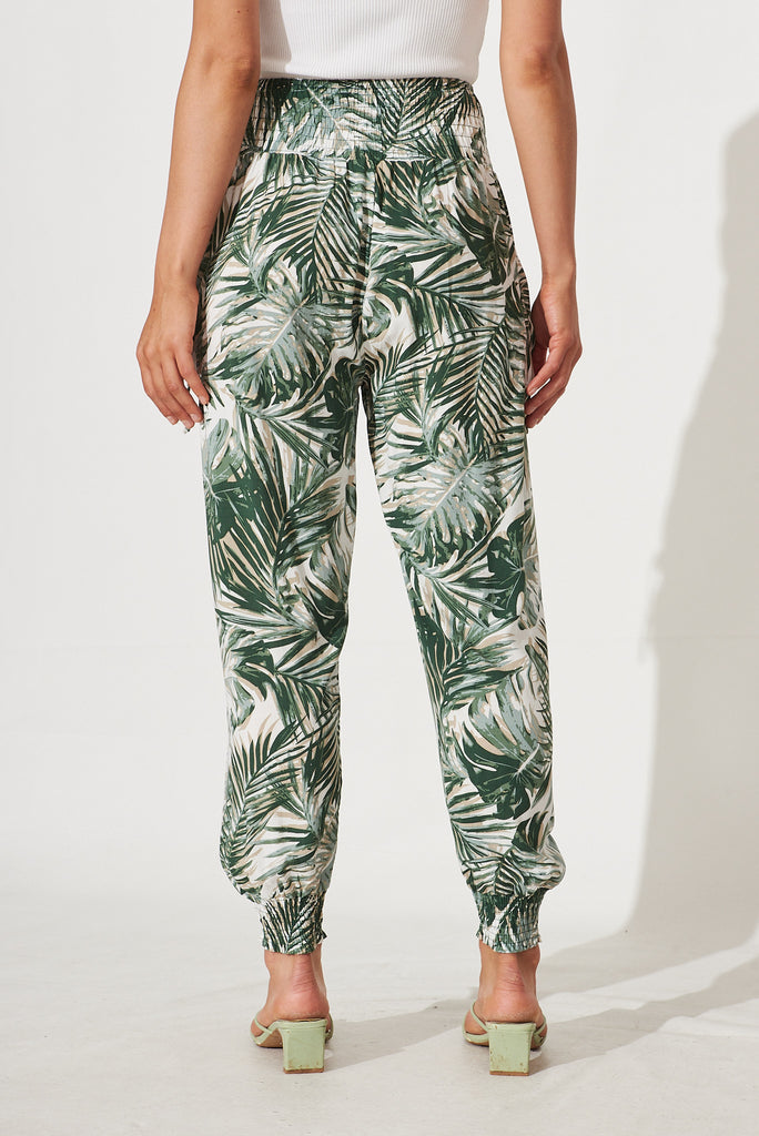 Gabby Lounge Pants In White With Green Leaf Print - back
