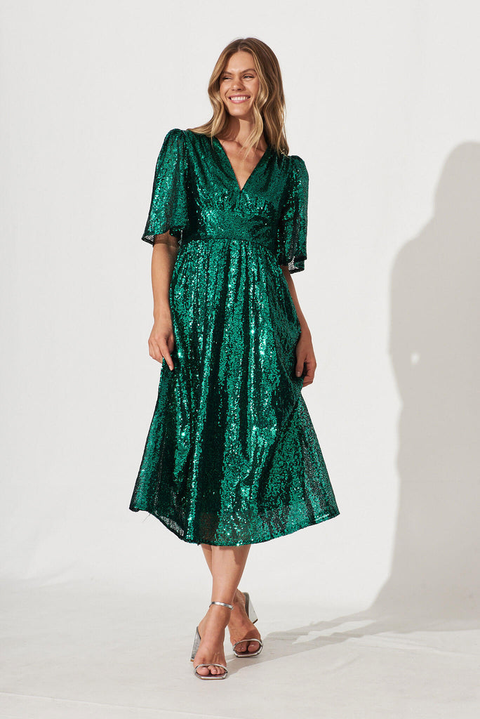 Livorno Midi Dress In Emerald Sequin - full length