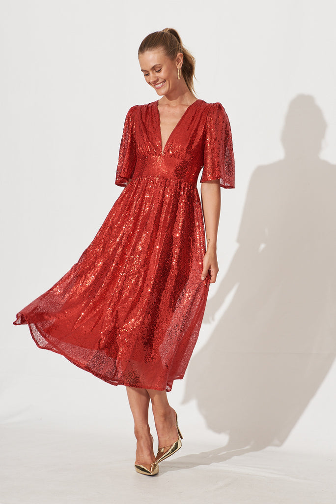 Livorno Midi Dress In Red Sequin - full length