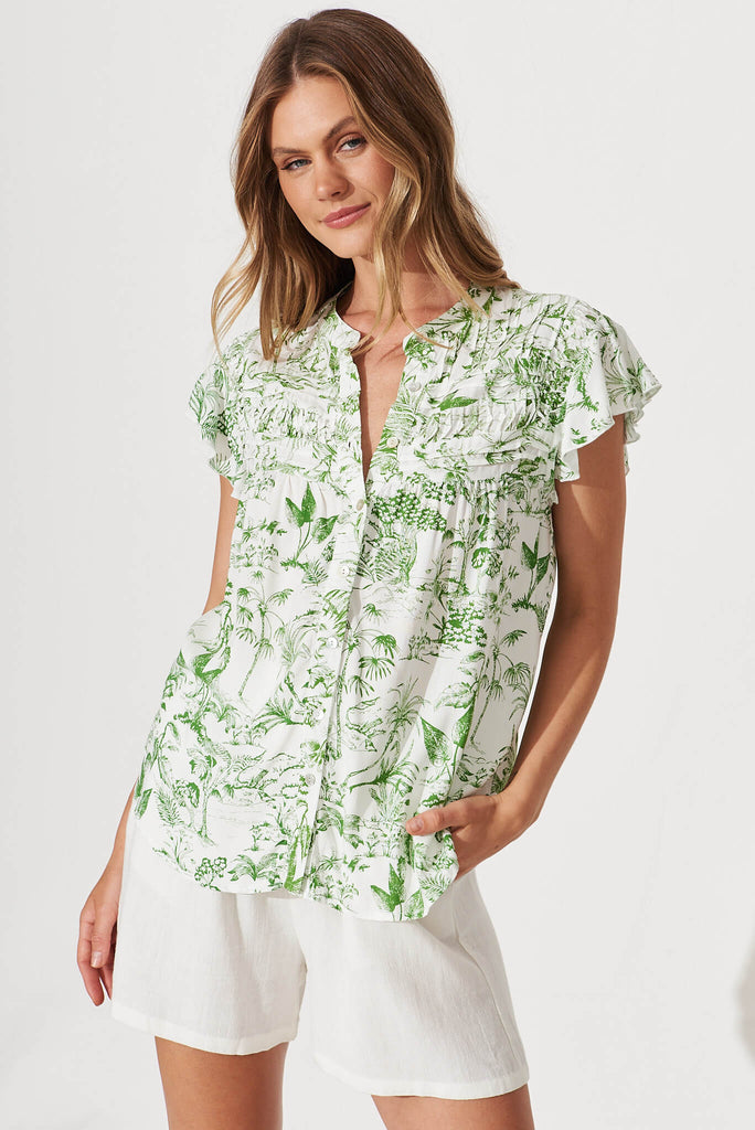 Sweetheart Shirt In White With Green Palm Print - front