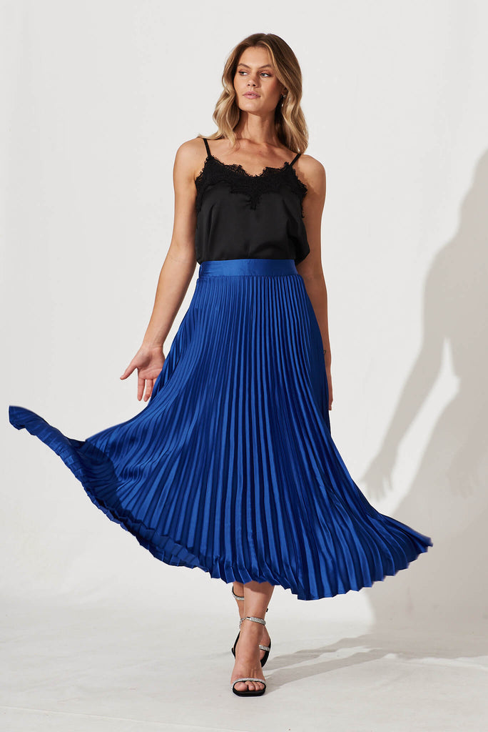 Allison Midi Pleat Skirt In Cobalt Blue Satin