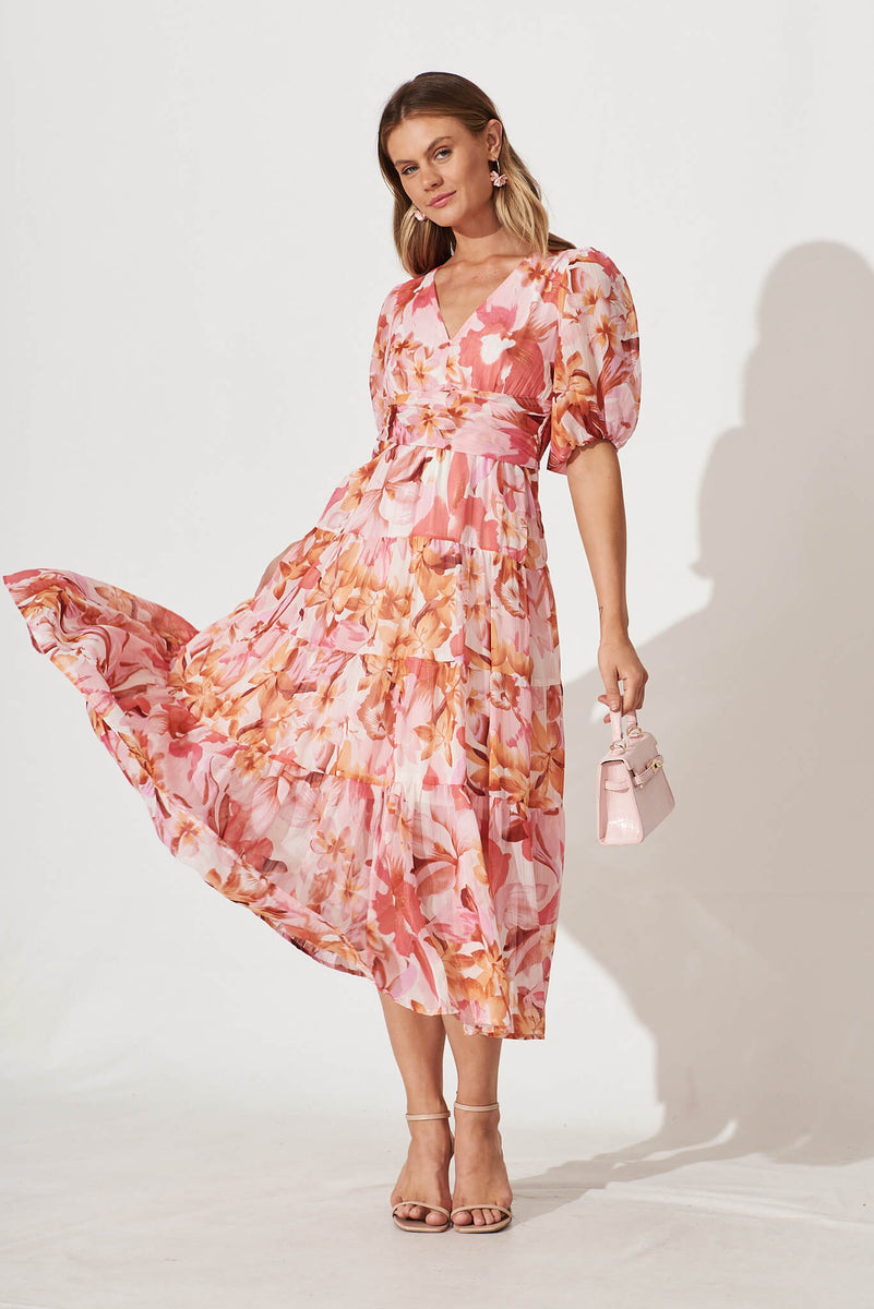 Clarine Dress in Multi Pink and Wine Floral