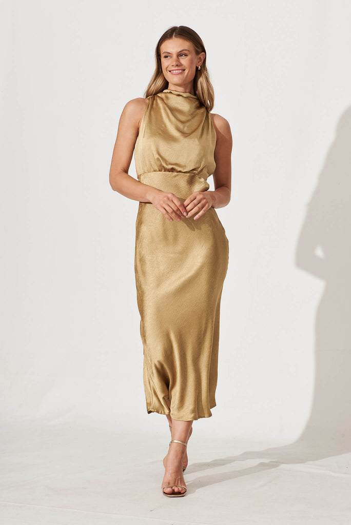 Vision Of Love Midi Dress In Gold Satin
