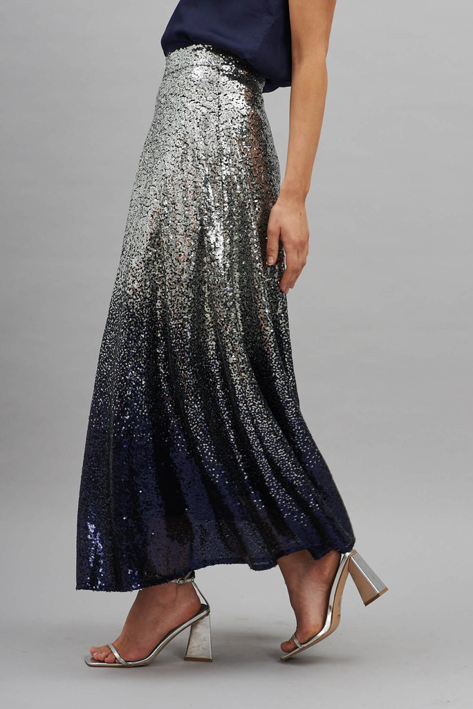 Exquisite Maxi Skirt In Silver With Navy Ombre Sequin - side