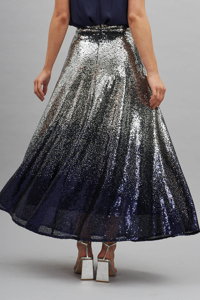 Exquisite Maxi Skirt In Silver With Navy Ombre Sequin - back