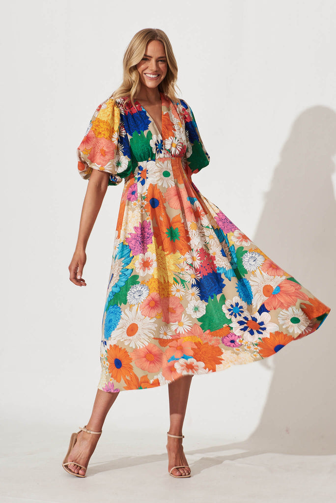 Daydreamer Midi Dress In Bright Multi Floral - full length