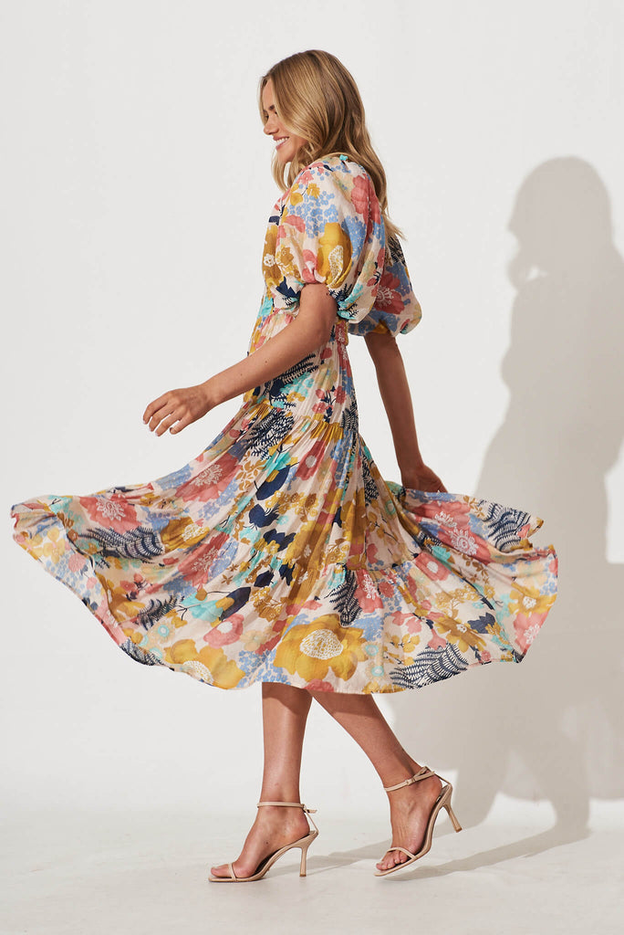 Kaitie Midi Dress In Cream Multi Floral - side