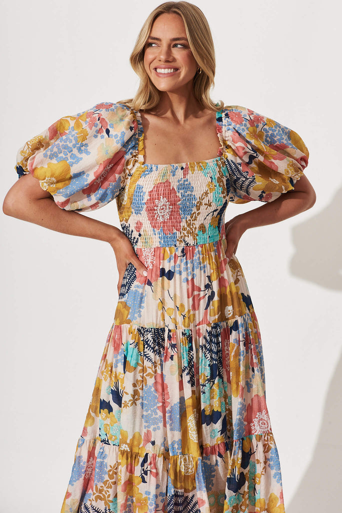 Kaitie Midi Dress In Cream Multi Floral - front