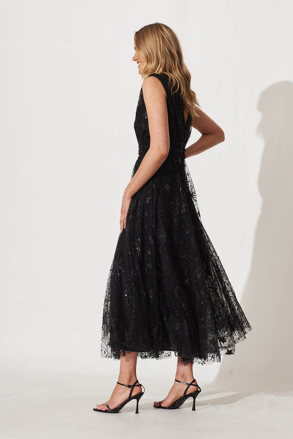 Carine Floral Sequin Tulle Maxi Gown (Black Nude)