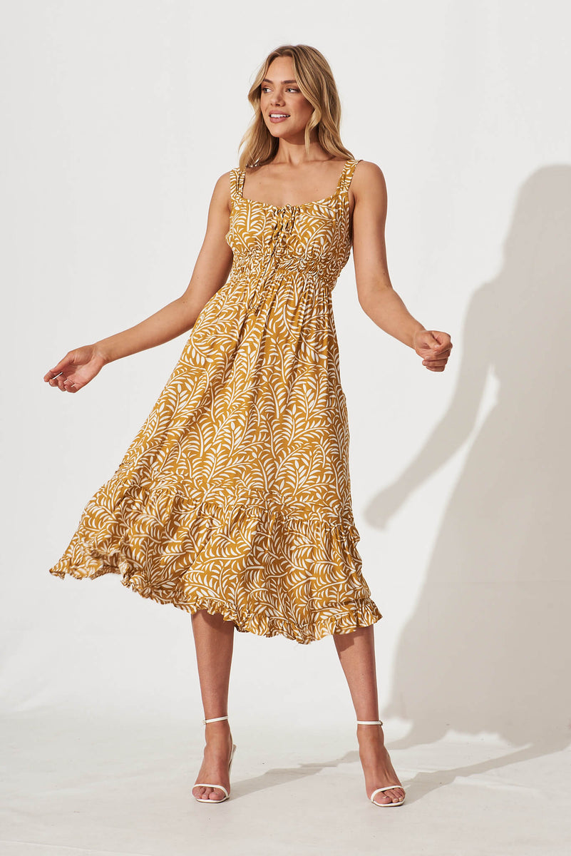Mustard Floral Short Sleeve Midi Dress_M