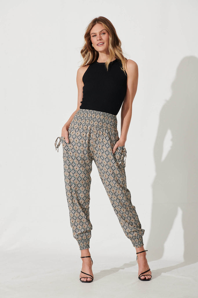 Gabby Lounge Pants In Black With Beige Tile Print - full length