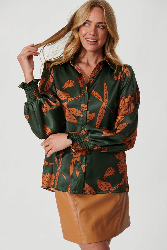 Callia Shirt In In Khaki With Rust Leaf Print - front