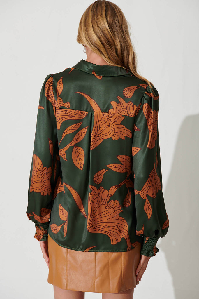 Callia Shirt In In Khaki With Rust Leaf Print - back