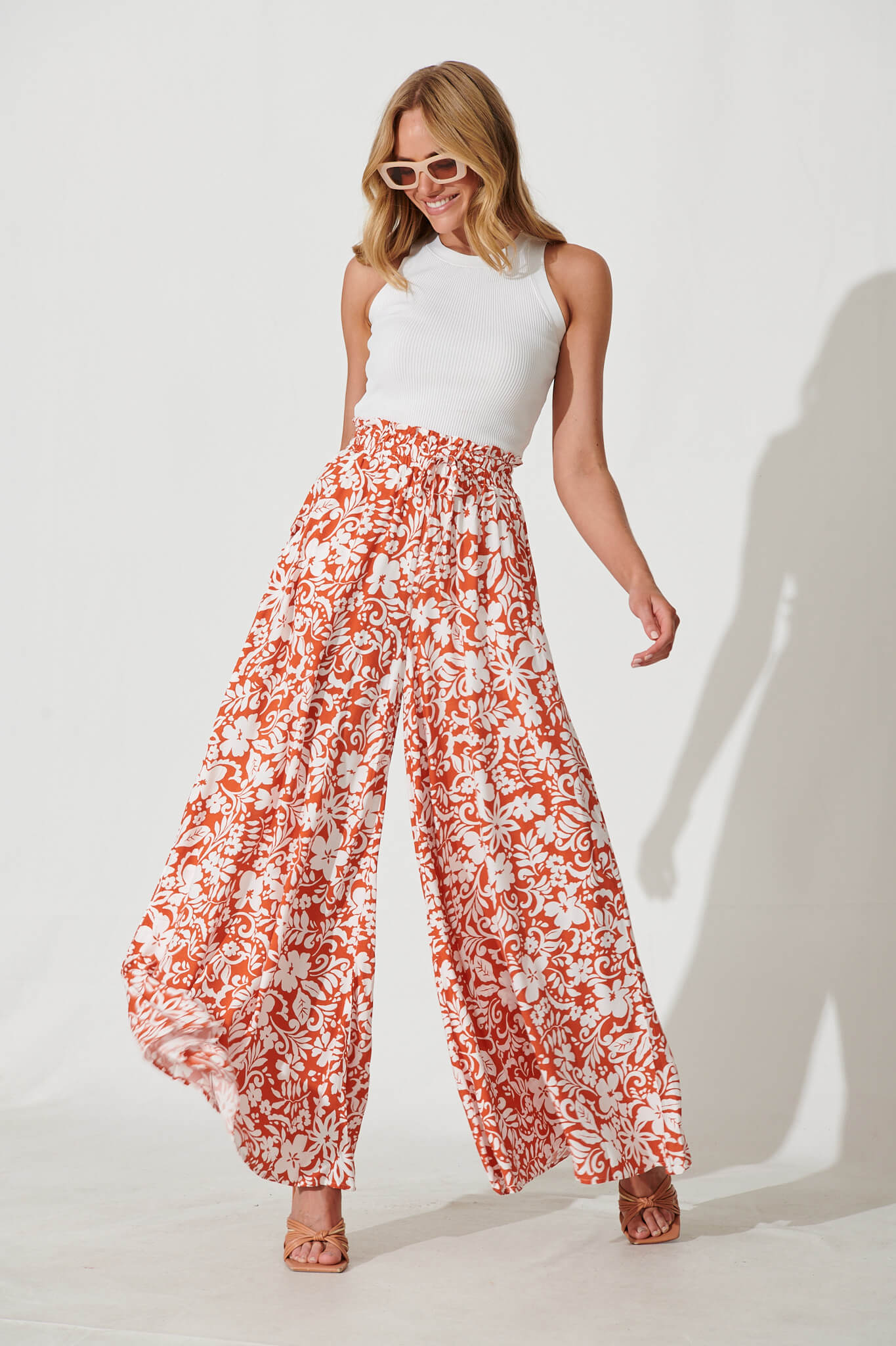 Mariah Pant In Rust With White Floral - full length