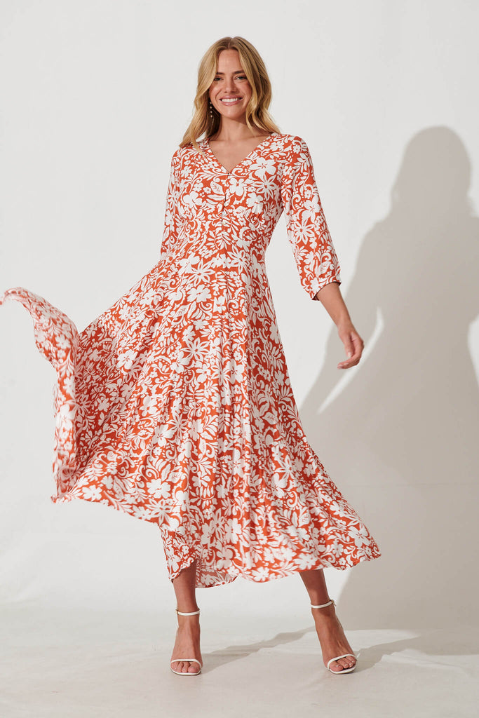 Time Maxi Dress In Rust With White Floral - full length
